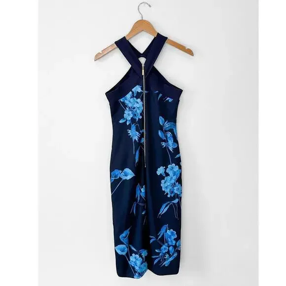 Ted Baker Navy Blue Fantasia Bodycon Halter Floral Dress (TB 2 or US 6) - Picture 3 of 10